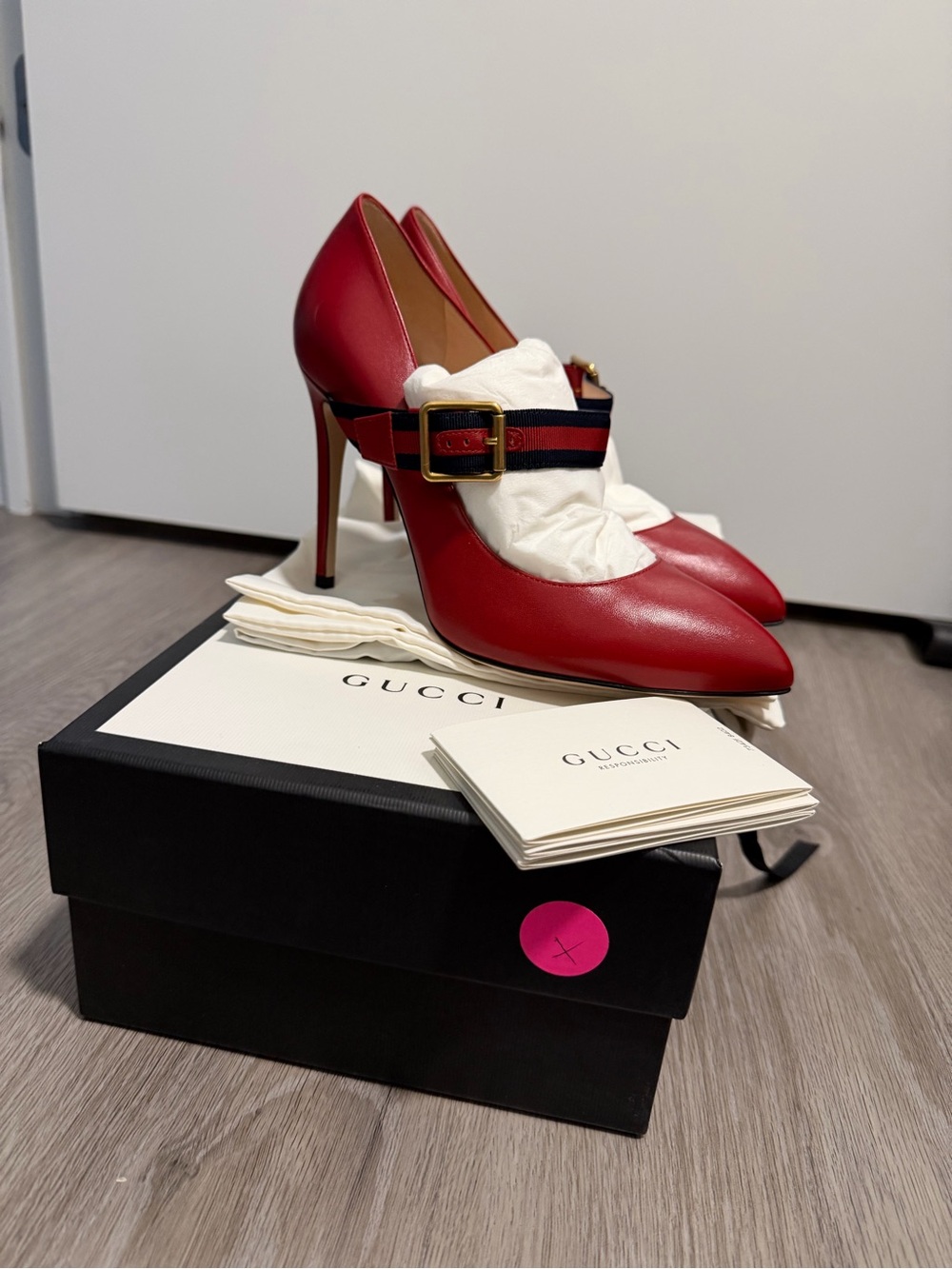 Gucci Red Leather Mary Jane Heels – Size 37.5 (US 7–7.5) – New